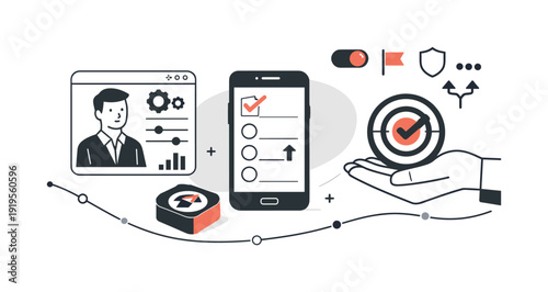 Modern minimal flat vector conceptual collage, crisp hard edges, consistent THIN outline stroke, rounded corners where needed,