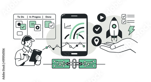 Modern minimal flat vector conceptual collage, crisp hard edges, consistent THIN outline stroke, rounded corners where needed,