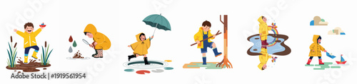 Happy children in yellow raincoats enjoying various outdoor rainy day activities like puddle jumping, exploring nature, and sailing boats.