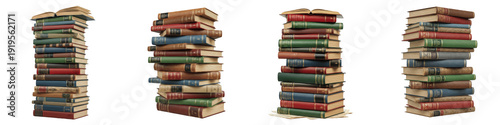 Cuadro en lienzo Vintage Hardcover Book Stack PNG Set, Tall Piles of Antique Novels with Aged Pap