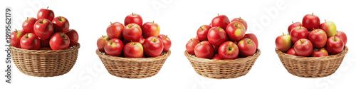 Fresh Red Apple Basket PNG Set, Wicker Bowls Overflowing with Ripe Crimson Apples Isolated on White Background, Autumn Harvest and Healthy Snack Clipart