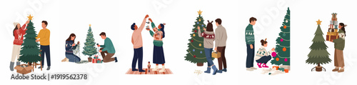Joyful individuals and couples decorating Christmas trees, preparing gifts, and embracing the festive holiday spirit in a charming illustration series.