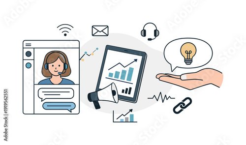 Modern minimal flat vector conceptual collage, crisp hard edges, consistent THIN outline stroke, rounded corners where needed,