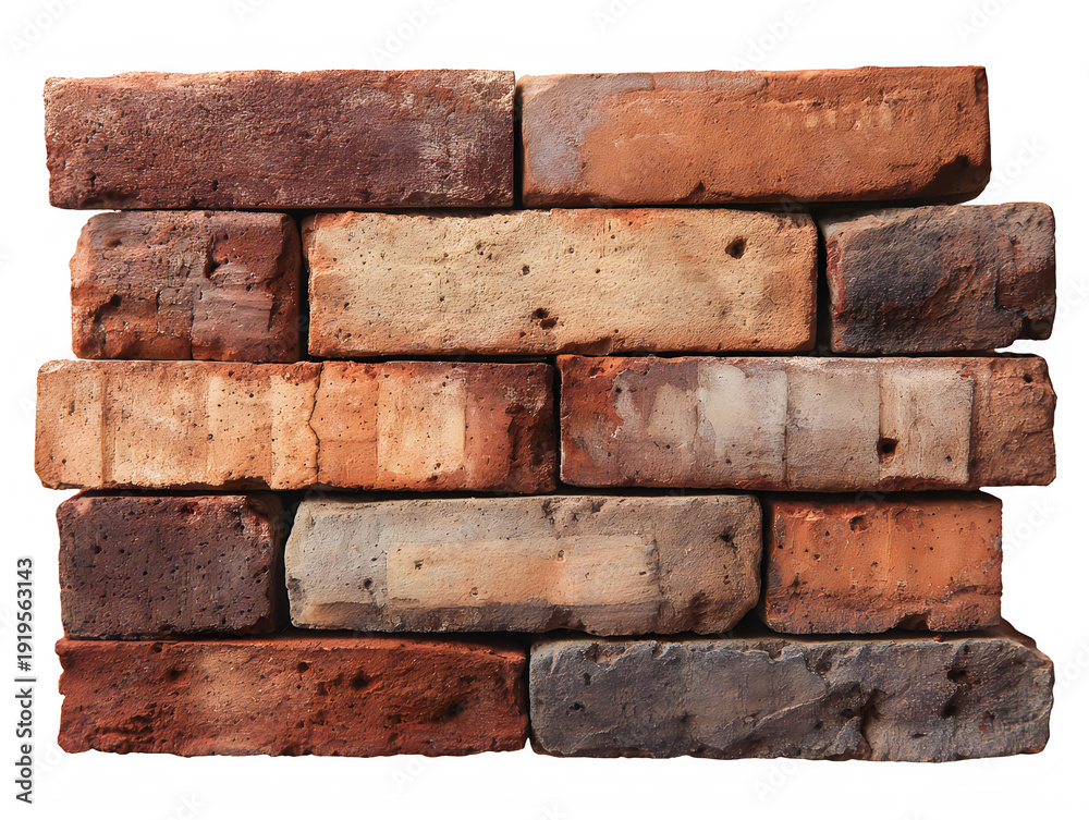Obraz premium Weathered Red Bricks Wall Isolated on Transparent White Background