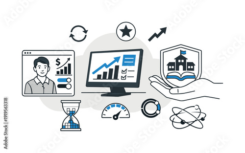 Modern minimal flat vector conceptual collage, crisp hard edges, consistent THIN outline stroke, rounded corners where needed,