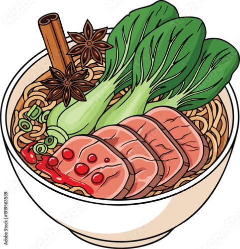 Delicious Asian Noodle Soup Bowl with Sliced Meat and Greens.