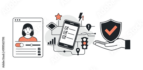 Digital Decision Scene. Modern minimal flat vector conceptual collage, crisp hard edges, consistent THIN outline stroke, rounded