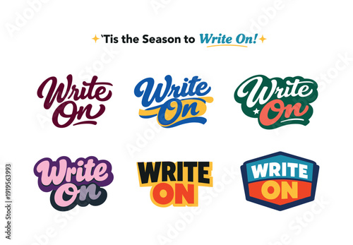 Modern holiday banner with short greeting slogan featuring modern lettering logo set for Write On, stock-ready creative wordmark
