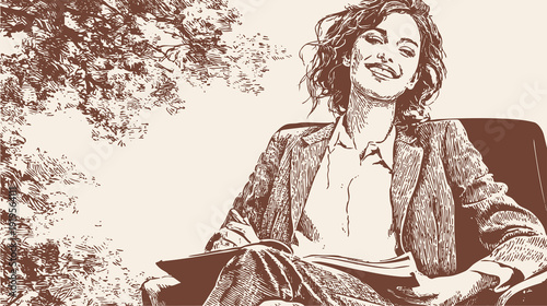 Female psychologist reading notes relaxed therapy session chair. Calm woman counselor studies documents in cozy office. Pencil hand drawn line sketch style. Background for mental health blogs.