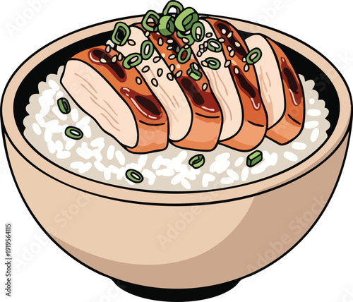 Delicious Japanese Teriyaki Chicken Rice Bowl Illustration.