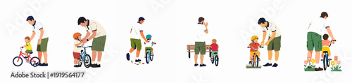Father teaching child to ride bicycle, illustrating family bonding, outdoor activity, and childhood development milestones.