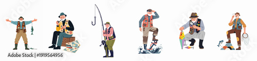 Collection of Senior Fishermen Characters Engaging in Various Fishing Activities and Outdoor Hobbies, Showcasing Leisure and Retirement Adventures