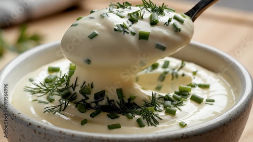Creamy food dish with fresh green herbs and spoon close up