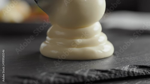 Creamy swirl of white sauce on dark surface close up