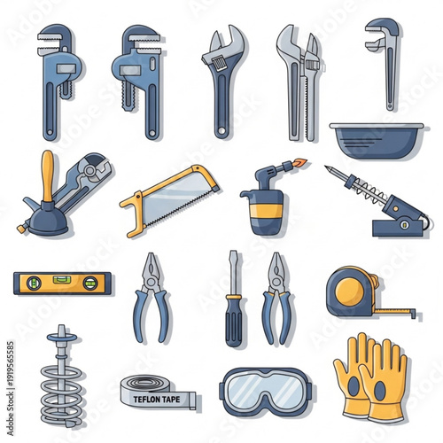 A collection of various tools and equipment for plumbing, construction, and DIY projects in a flat vector graphic illustration