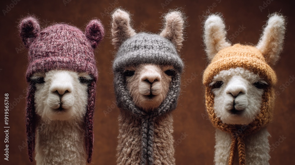 Fototapeta premium Three llamas wearing hats and scarves. The hats are different colors and the llamas are standing next to each other