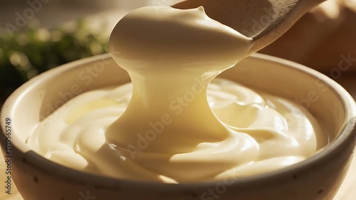 Creamy white sauce in bowl with wooden spoon close up