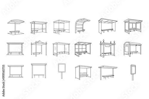 Line drawing of various types of outdoor market stalls and booths for shopping and commerce  outdoor furniture designs