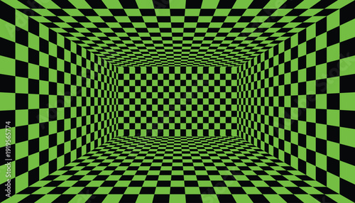 Perspective grid abstract endless green and black checkerboard tunnel illusion background digital art representing virtual reality, data environments, or technology