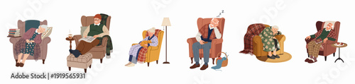 Collection of Elderly People Relaxing in Armchairs: Sleeping, Reading, and Enjoying Leisure Time at Home