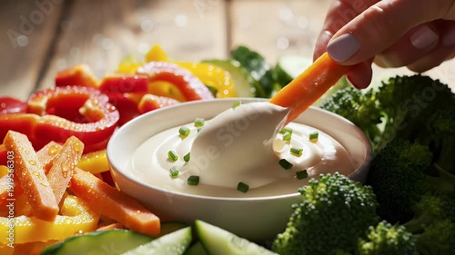 Vegetable platter with dip closeup colorful fresh food for healthy eating