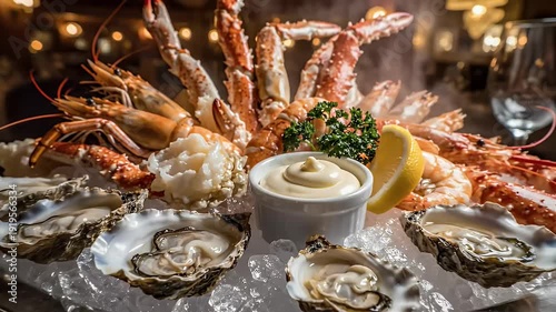 Seafood platter with crab lobster shrimp oysters and sauce culinary display