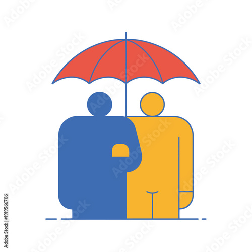 Two abstract figures are protected under a red umbrella, symbolizing security and partnership.