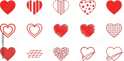 Collection of diverse red heart illustrations in various patterns and designs on a plain background viewed directly