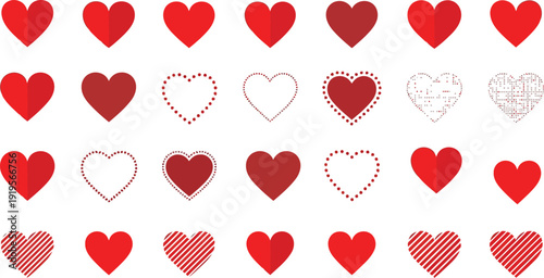 Collection of various red and white heart shapes and patterns displayed together in a visually appealing arrangement