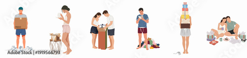 Illustrations of People Enjoying the Process of Receiving and Unboxing Packages and Gifts