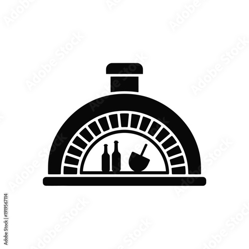 A traditional wood-fired pizza oven with bottles and a pizza peel inside is depicted.