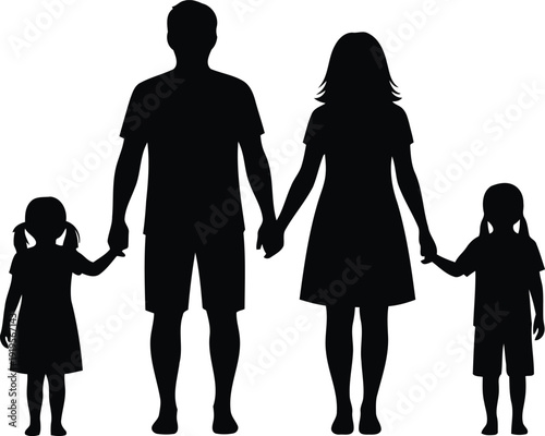 Family of four holding hands together in a happy moment captured from a straightforward viewpoint
