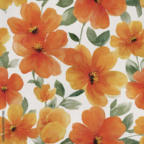Vibrant Pattern Featuring Orange Flowers with Green Leaves on a Light Background
