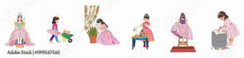 Princess Playtime: A whimsical collection of young girls dressed as princesses engaging in imaginative activities, from tea parties and explorations to creative arts and royal chores.