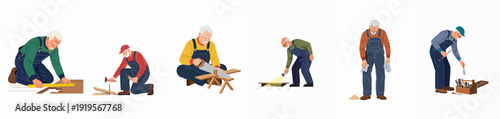 Elderly men engaged in various carpentry and home repair tasks, including measuring, sawing, hammering, and inspecting floors, highlighting dedication to DIY and maintenance.