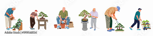 Elderly men enjoying bonsai cultivation: watering, pruning, repotting, and caring for miniature trees, a peaceful and intricate hobby for seniors.
