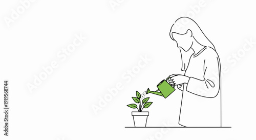Woman watering plant with green can, demonstrating diligent plant care for healthy growth and vitality. Young female figure nurturing potted seedling,