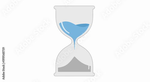 Hourglass timer with blue liquid flowing inside transparent glass. Clear hourglass timer represents concept of time passing, important deadline or waiting period.