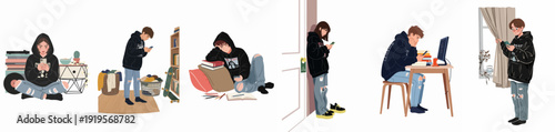 Modern youth life illustrations: Teenagers and young adults engaging with smartphones, studying, and relaxing in various home settings, depicting casual contemporary culture.