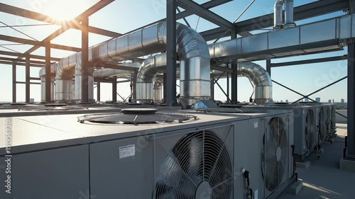 Industrial HVAC units on a rooftop with ventilation ducts
