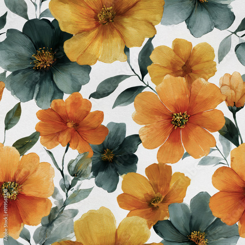 Beautiful Floral Pattern Featuring Vibrant Orange and Blue Green Flowers