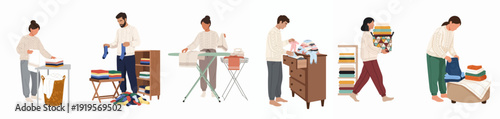 People managing laundry: folding, ironing, sorting, and organizing clothes, including baby garments, in a home setting.