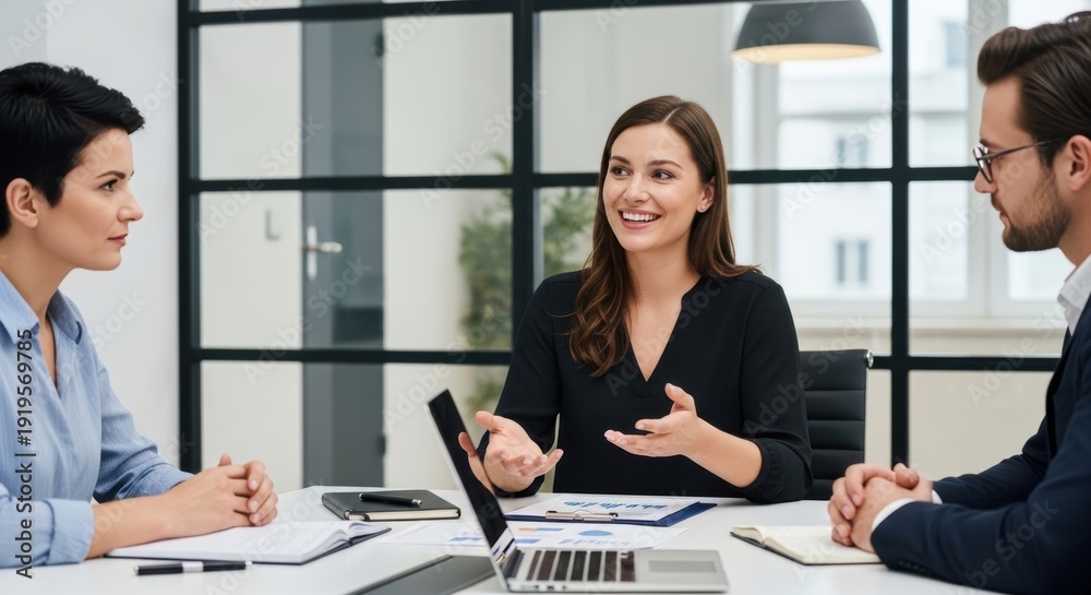 Fototapeta premium Professionals discussing project details in a modern office setting