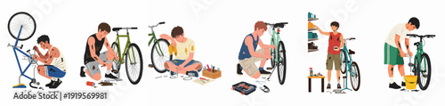 A young man diligently repairs, maintains, and cleans various bicycles, showcasing the hands-on process of bike mechanics and upkeep.