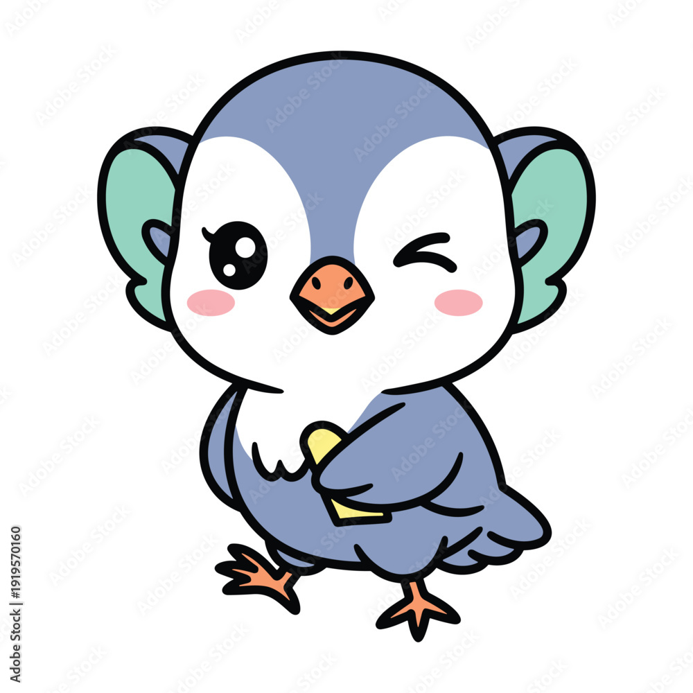 Fototapeta premium A cute cartoon bird with expressive eyes and a blushing face standing on one foot