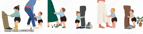 Cute toddlers learning to walk and interacting with adult legs, illustrating early childhood development, dependence, and parent-child bonding moments in various playful scenarios.