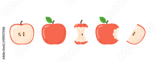 Set of red apples. Ripe, bitten, slice of apple.