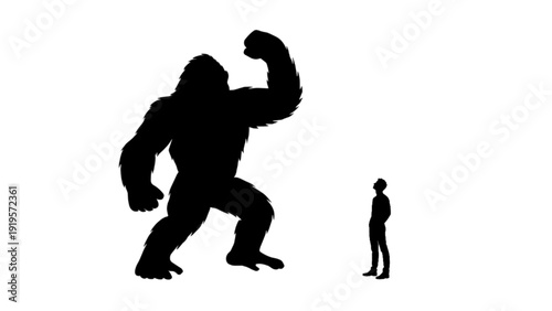Giant Gorilla Facing a Small Human Man Silhouette