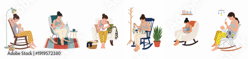 A collection of illustrations depicting new mothers breastfeeding, bottle-feeding, and comforting their babies in various cozy home settings, highlighting maternal bonding and care.