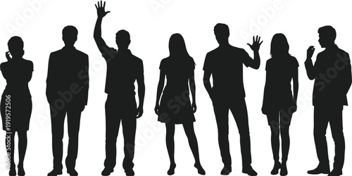 Silhouette of diverse business people standing and waving, teamwork unity corporate concept isolated on white background modern workforce group portrait
